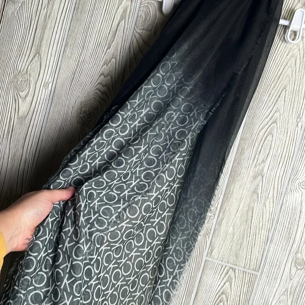 New Calvin Klein Black Silver Wrap Shawl Fringe Monogram Women One Size